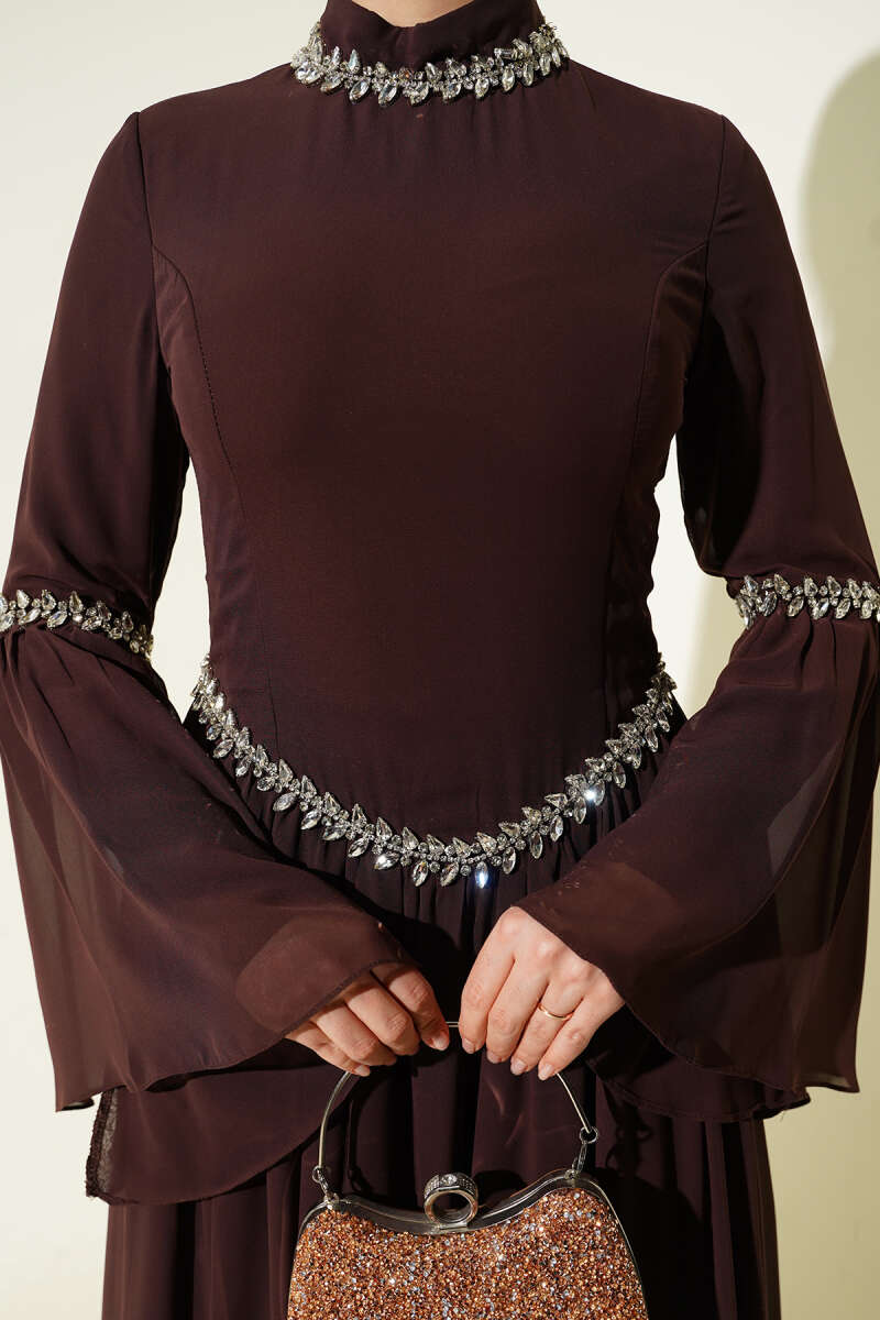 Stone-Embellished Chiffon Evening Dress - Brown