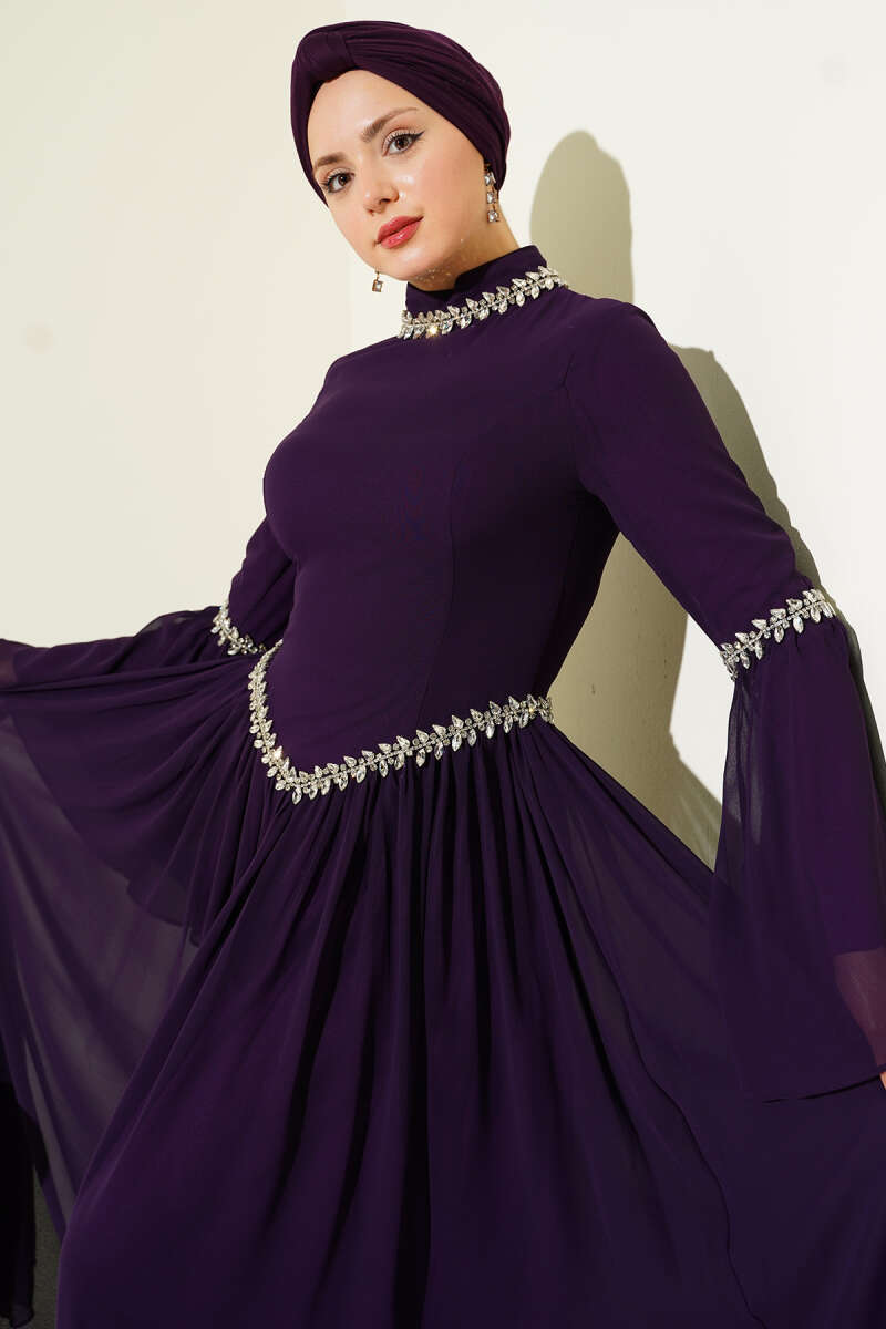 Stone-Embellished Chiffon Evening Dress - Purple