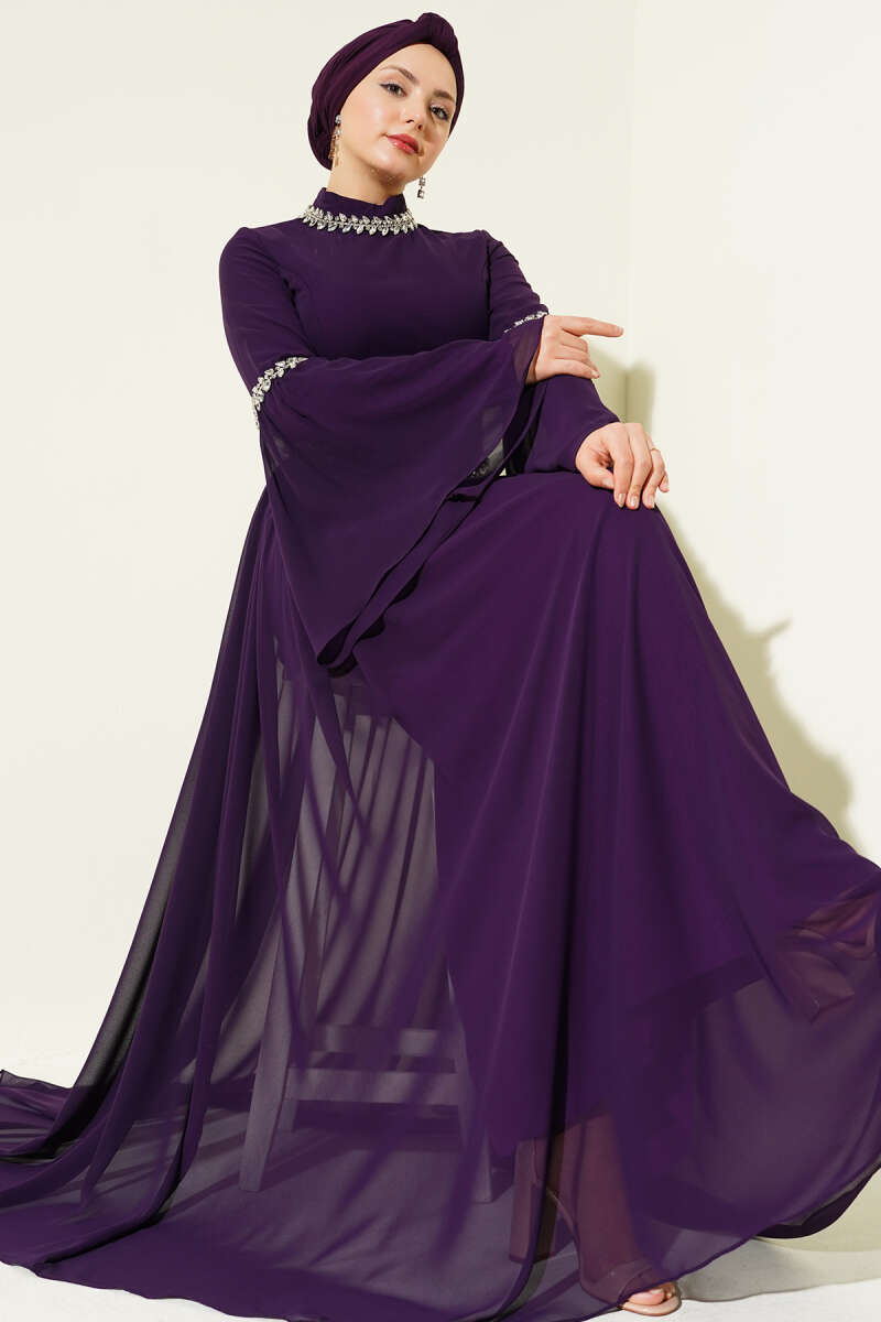Stone-Embellished Chiffon Evening Dress - Purple