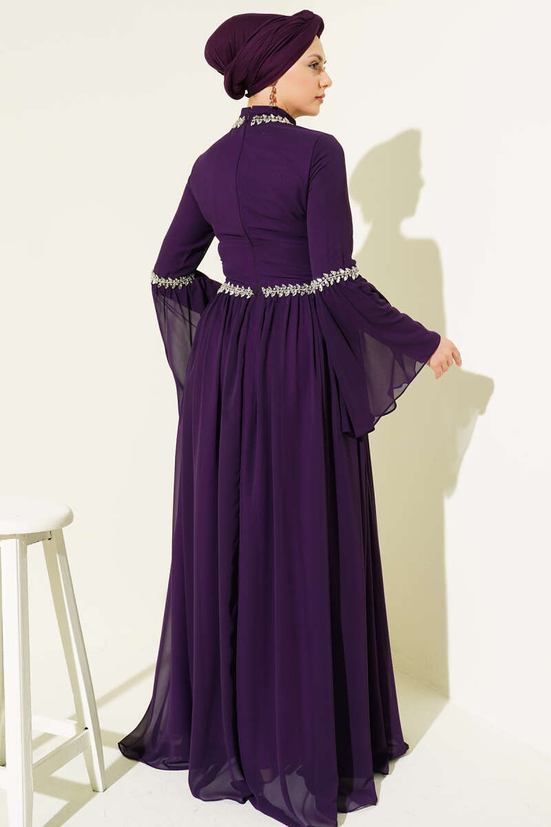 Stone-Embellished Chiffon Evening Dress - Purple