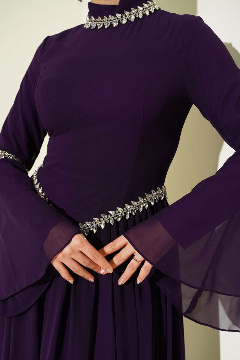 Stone-Embellished Chiffon Evening Dress - Purple
