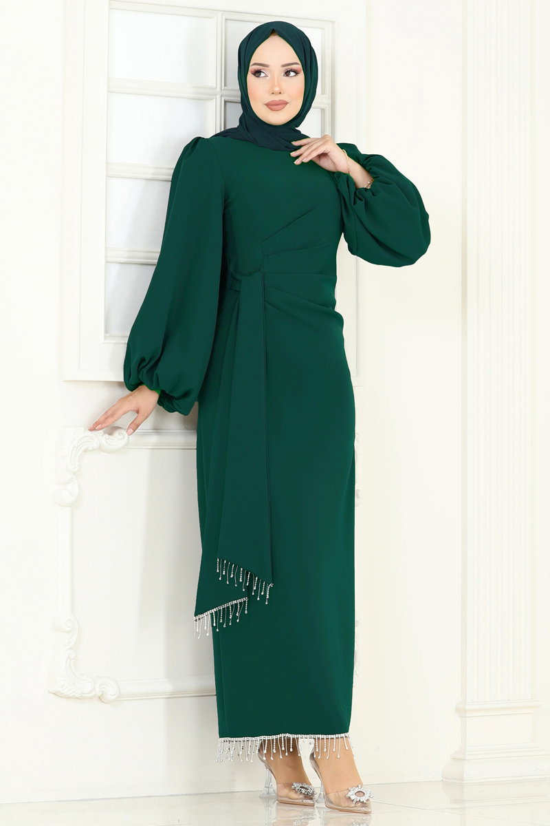 Embellished Double Knit Evening Dress - Light Emerald