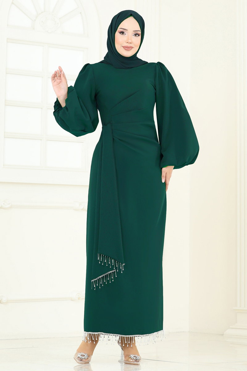 Embellished Double Knit Evening Dress - Light Emerald