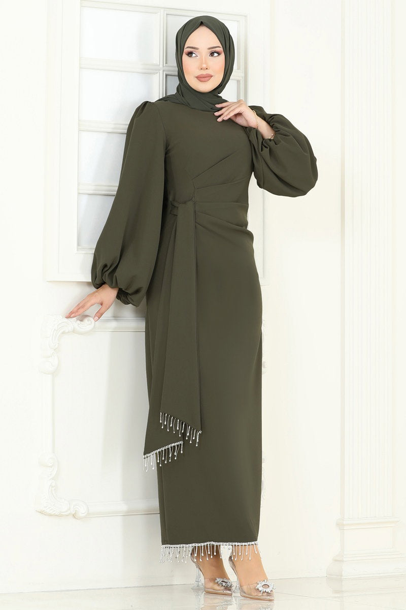 Embellished Double Knit Evening Dress - Dark Khaki