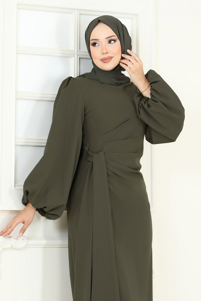 Embellished Double Knit Evening Dress - Dark Khaki