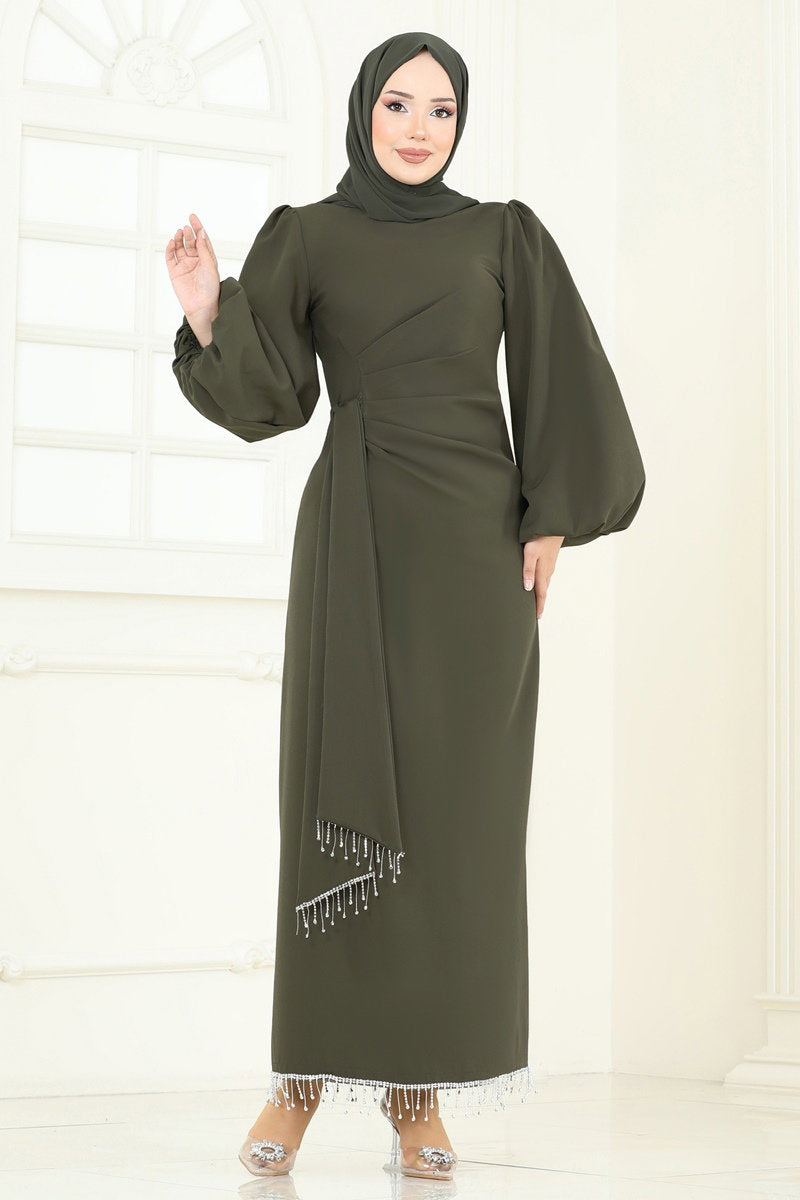 Embellished Double Knit Evening Dress - Dark Khaki