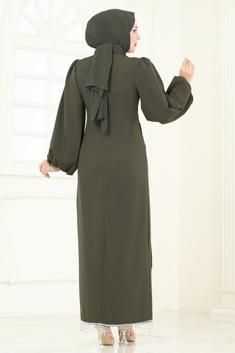 Embellished Double Knit Evening Dress - Dark Khaki