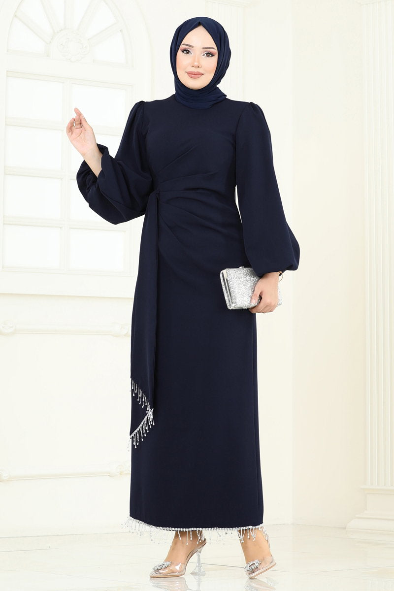 Embellished Double Knit Evening Dress - Dark Navy
