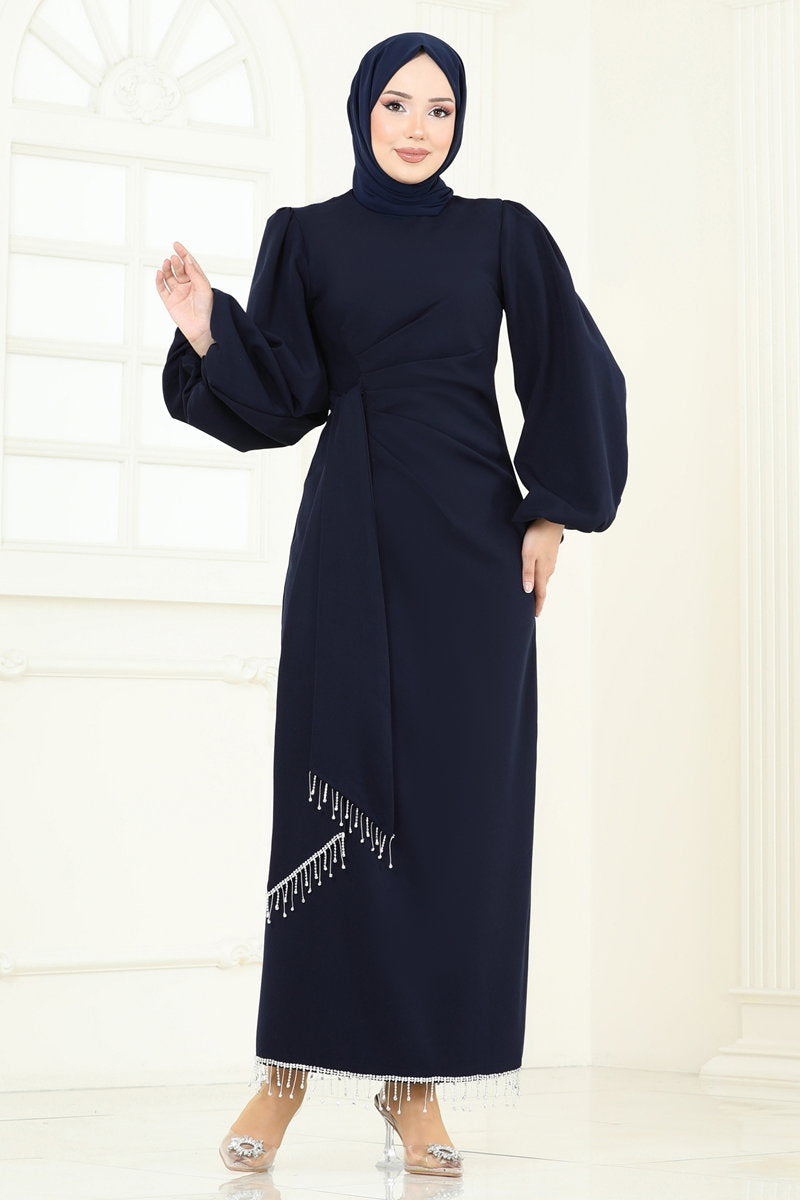 Embellished Double Knit Evening Dress - Dark Navy