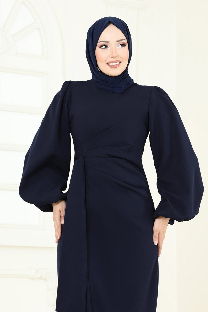 Embellished Double Knit Evening Dress - Dark Navy