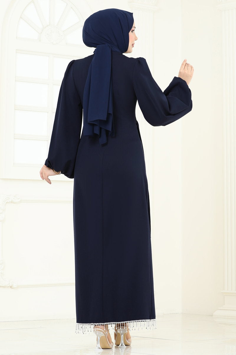 Embellished Double Knit Evening Dress - Dark Navy