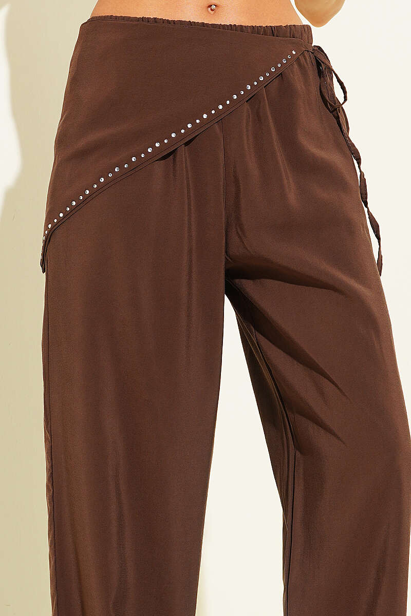 Modal Trousers with Jewelled Scarf Belt - Brown
