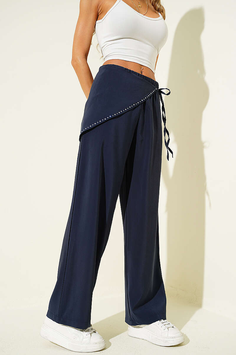 Modal Trousers with Jewelled Scarf Belt - Navy