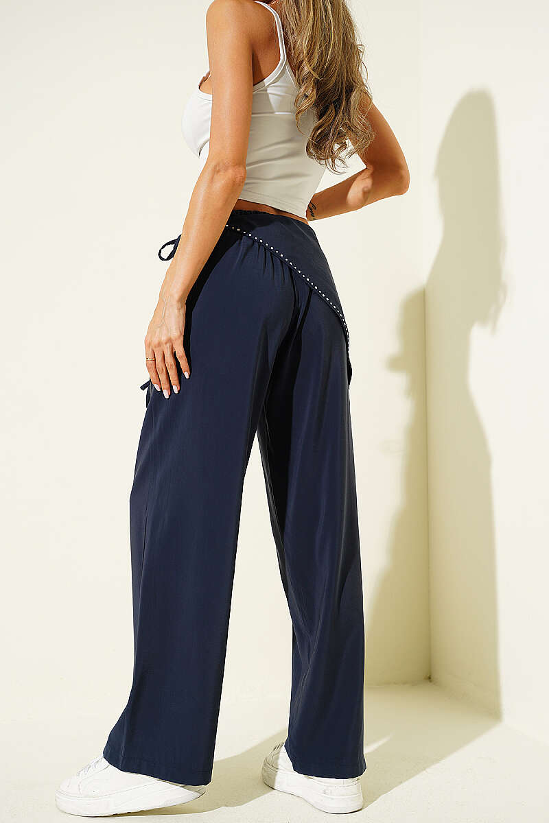 Modal Trousers with Jewelled Scarf Belt - Navy