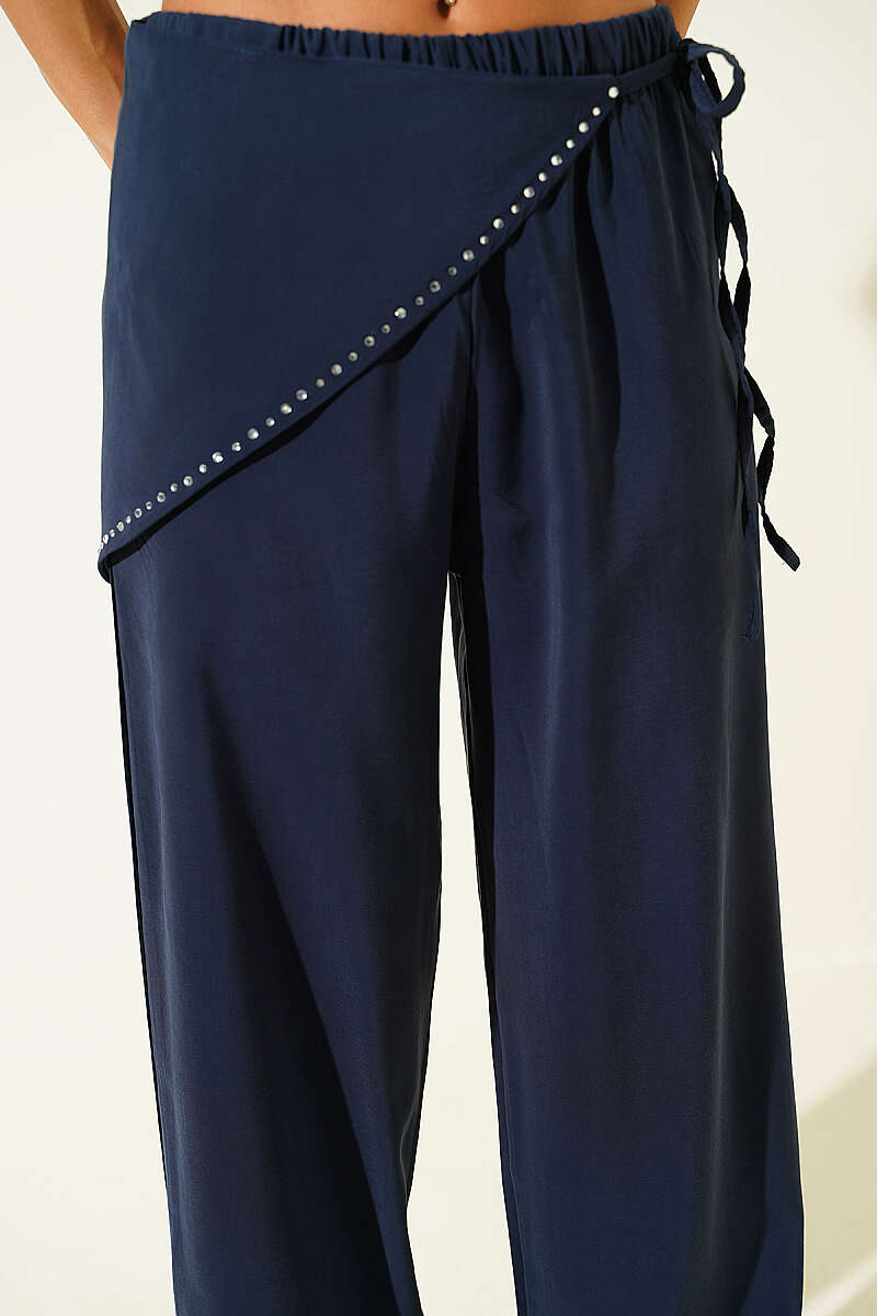 Modal Trousers with Jewelled Scarf Belt - Navy