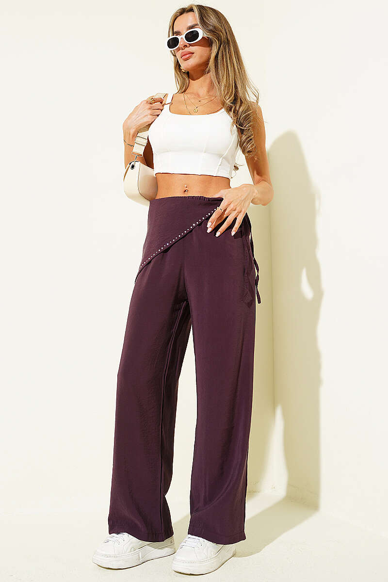 Modal Trousers with Jewelled Scarf Belt - Plum