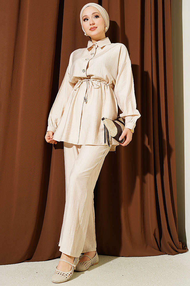 Stone-Embellished Tunic Set with Drawstring Waist - Beige