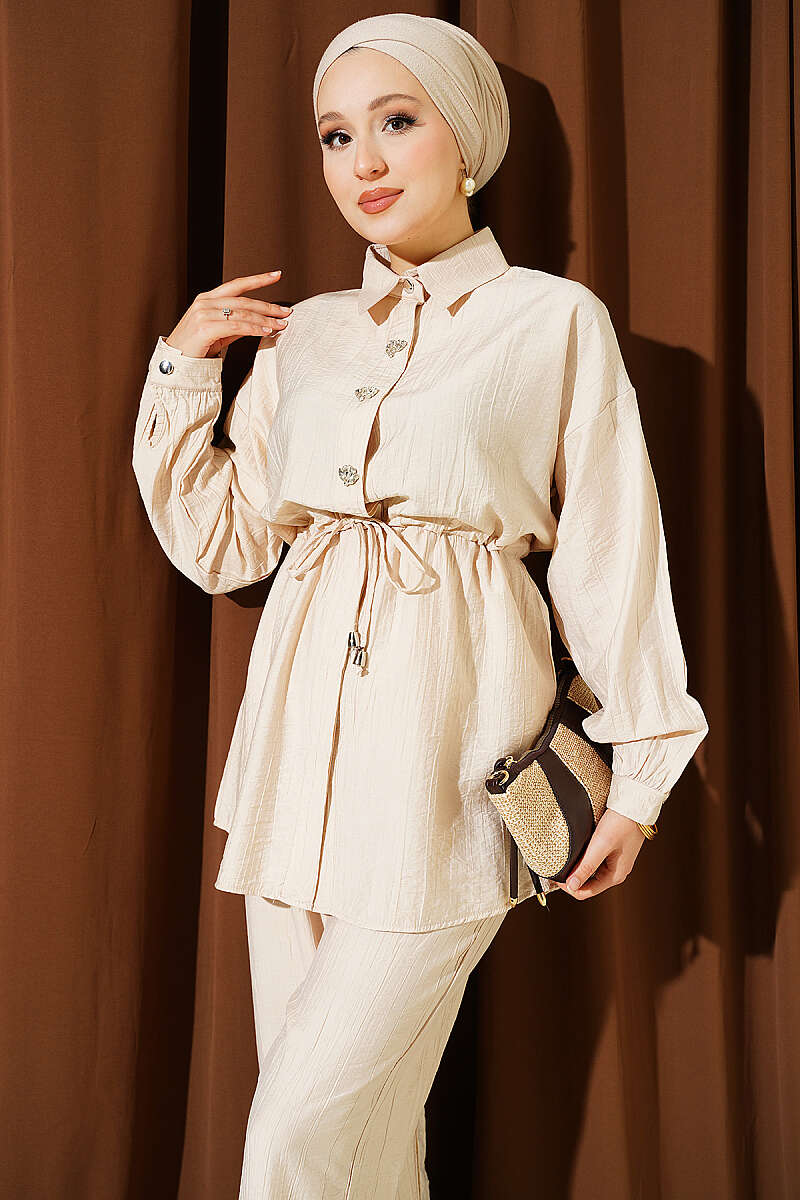 Stone-Embellished Tunic Set with Drawstring Waist - Beige