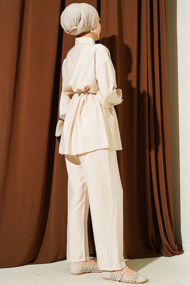 Stone-Embellished Tunic Set with Drawstring Waist - Beige