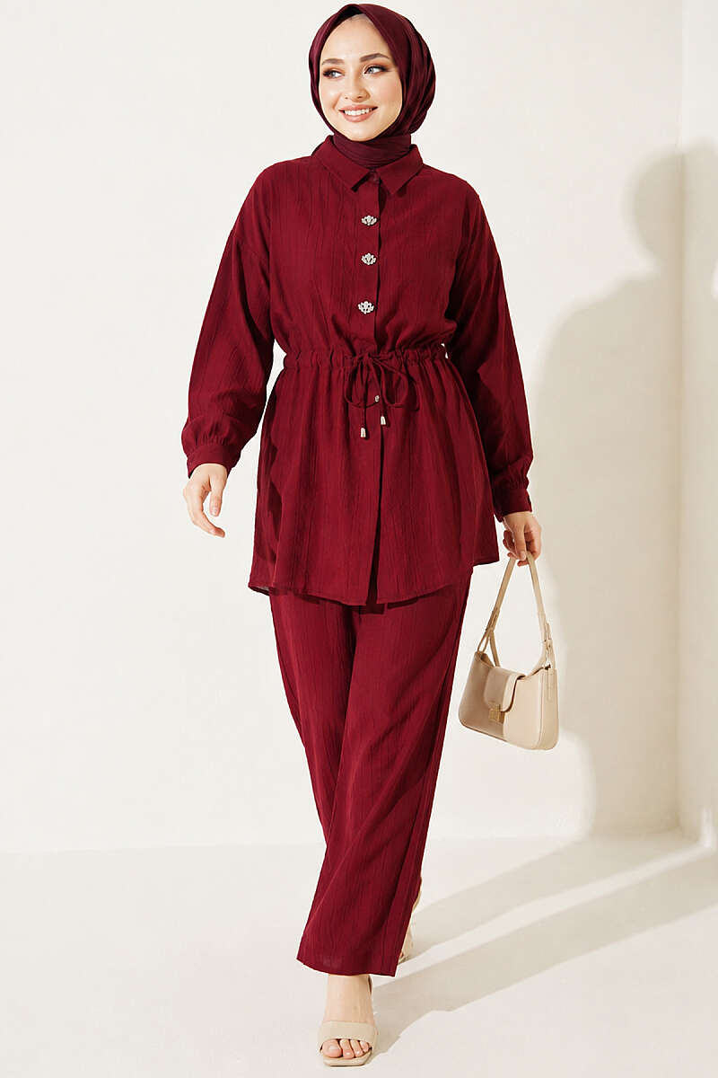 Stone-Embellished Tunic Set with Drawstring Waist - Burgundy
