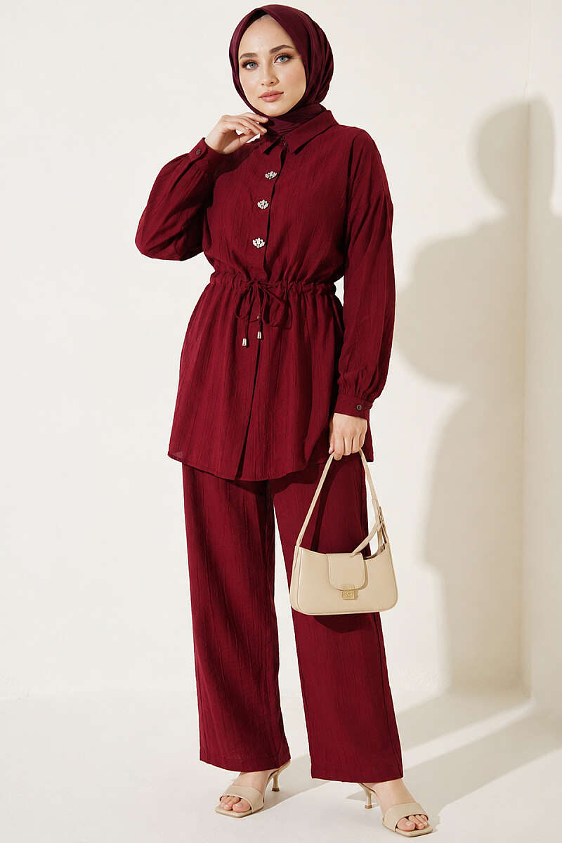 Stone-Embellished Tunic Set with Drawstring Waist - Burgundy