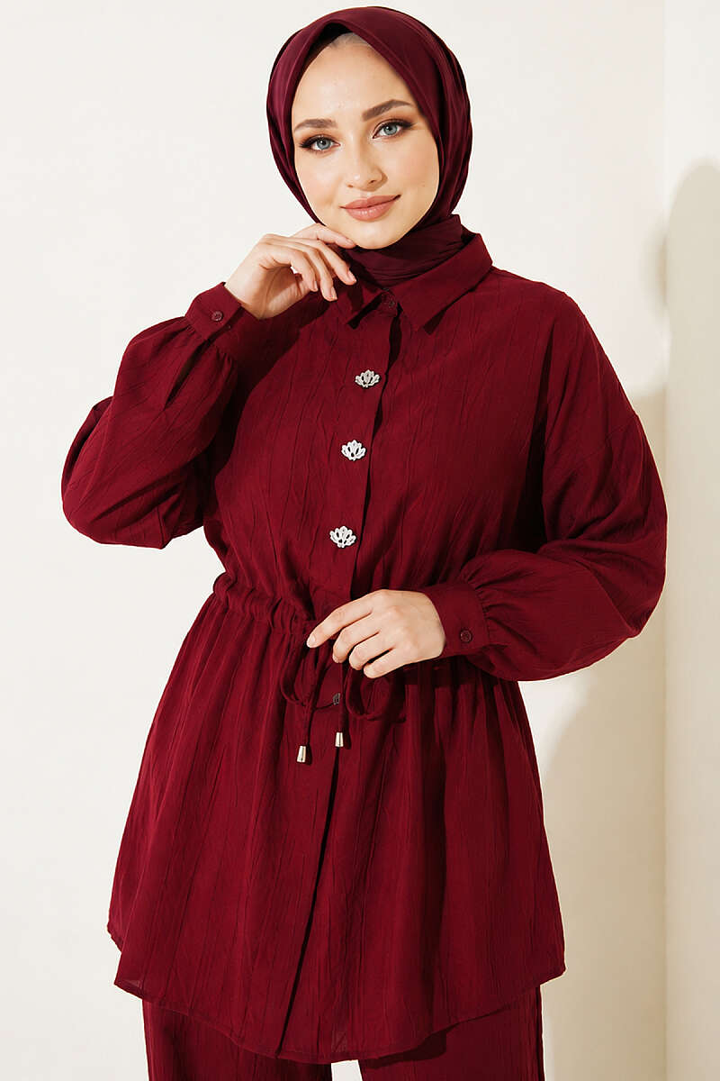 Stone-Embellished Tunic Set with Drawstring Waist - Burgundy