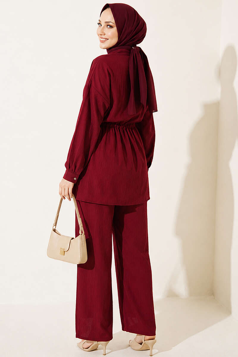 Stone-Embellished Tunic Set with Drawstring Waist - Burgundy