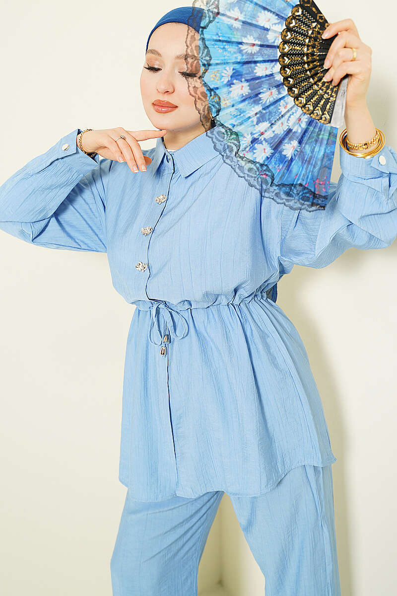 Stone-Embellished Tunic Set with Drawstring Waist - Blue