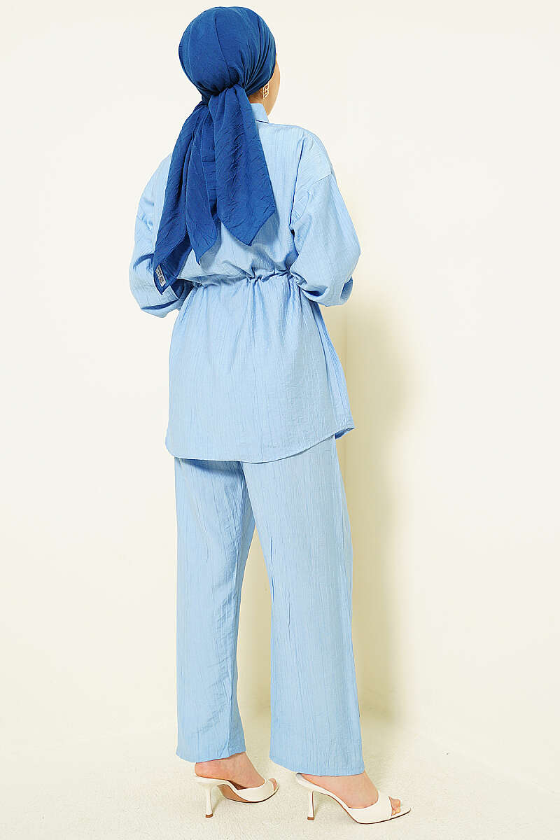 Stone-Embellished Tunic Set with Drawstring Waist - Blue