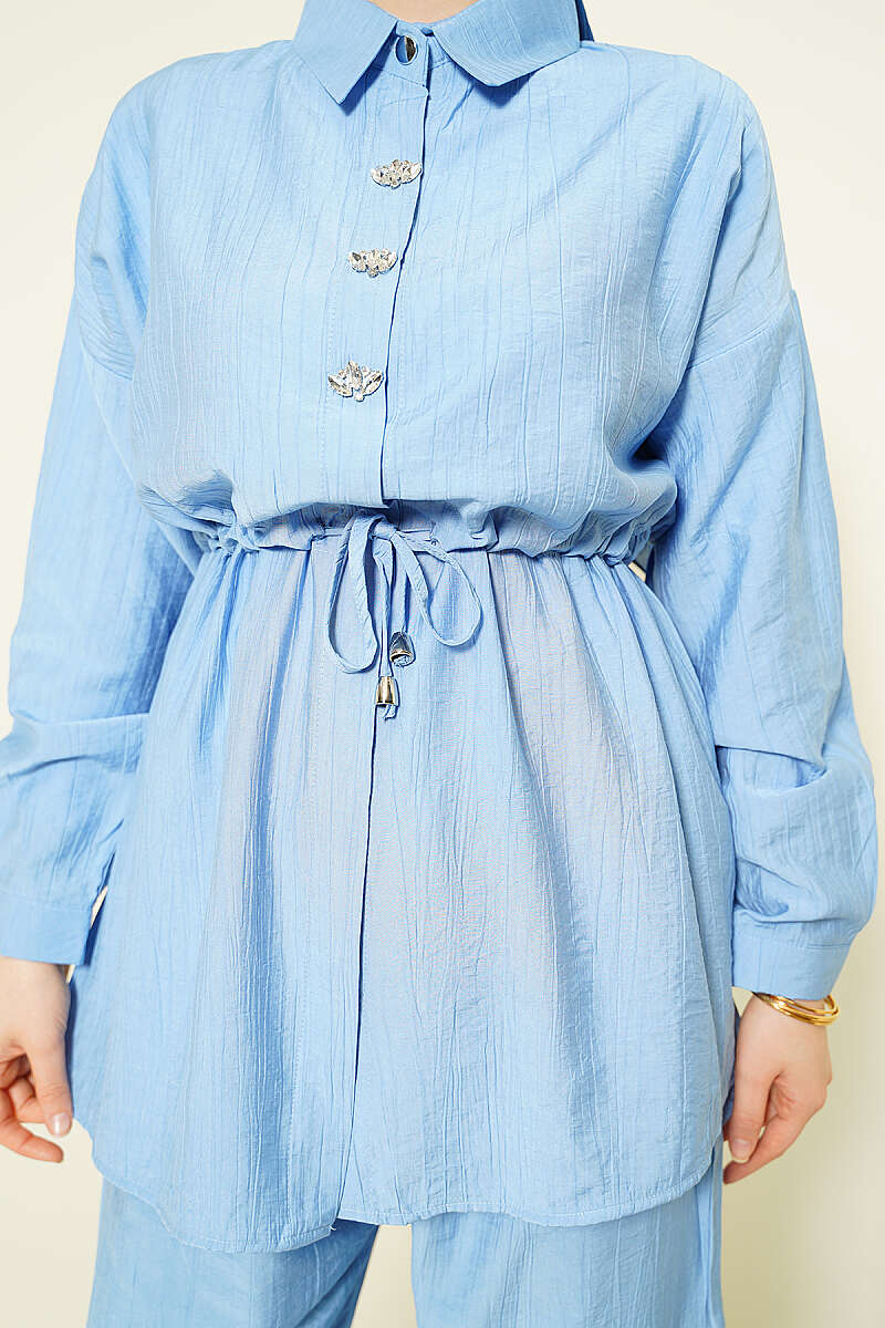Stone-Embellished Tunic Set with Drawstring Waist - Blue