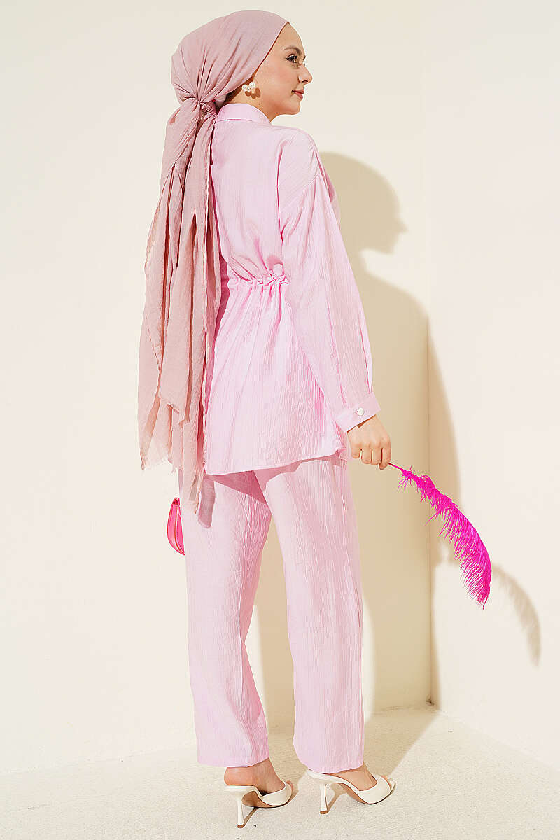 Stone-Embellished Tunic Set with Drawstring Waist - Pink