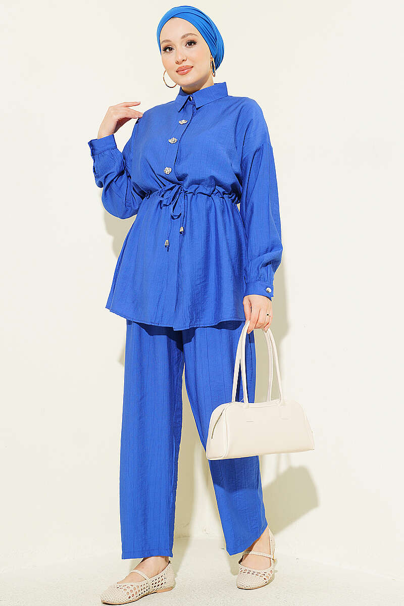 Stone-Embellished Tunic Set with Drawstring Waist - Saxe Blue