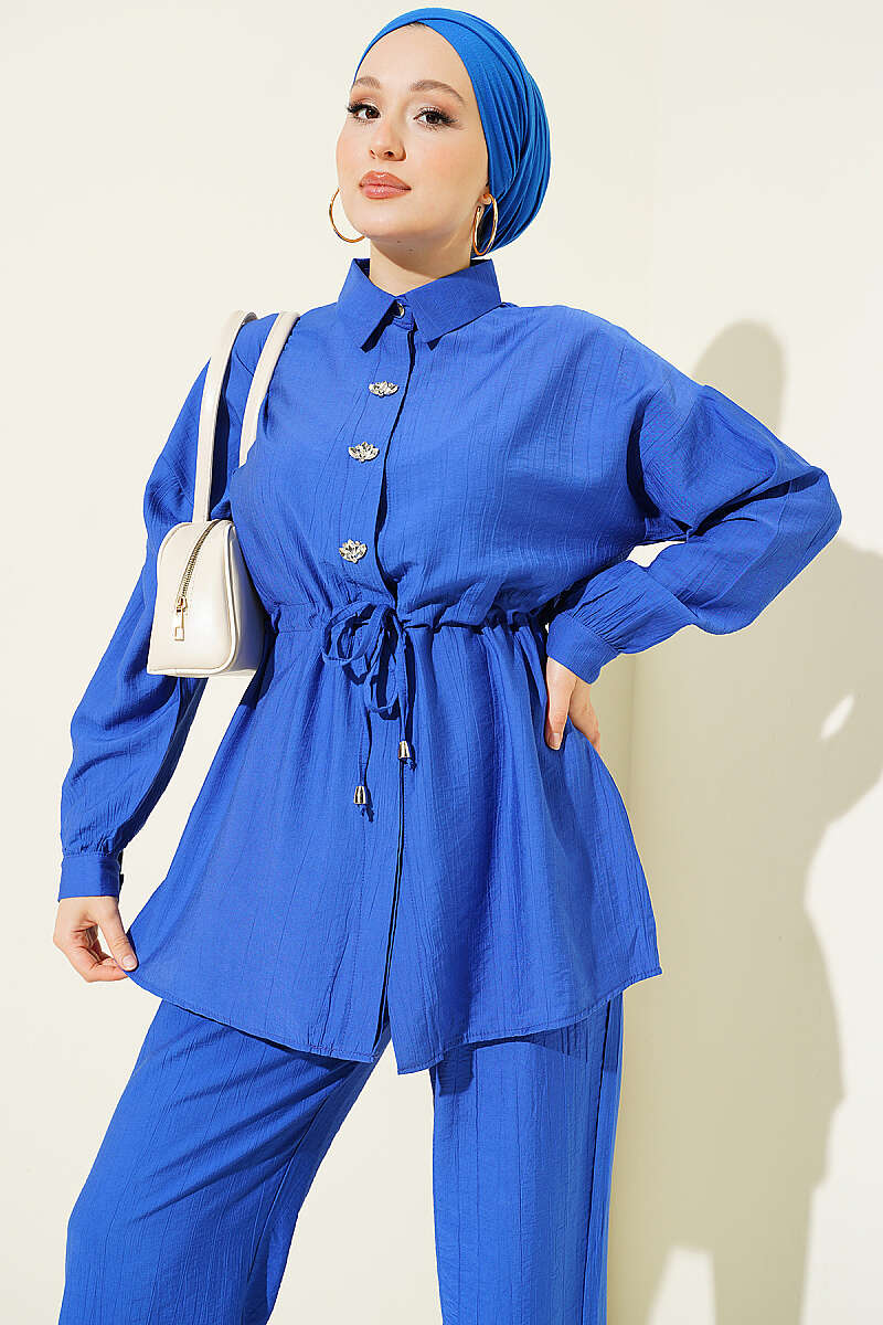 Stone-Embellished Tunic Set with Drawstring Waist - Saxe Blue