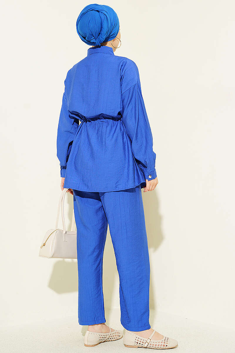 Stone-Embellished Tunic Set with Drawstring Waist - Saxe Blue