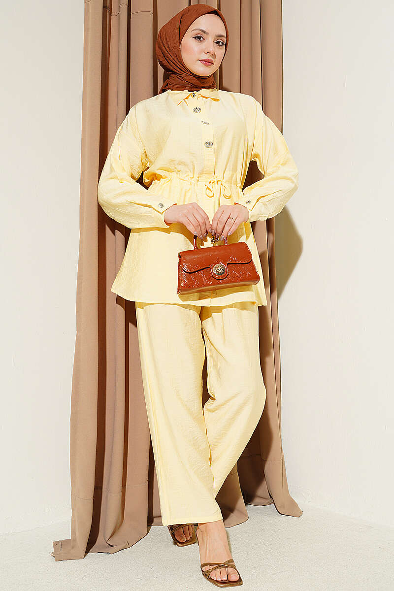 Stone-Embellished Tunic Set with Drawstring Waist - Yellow
