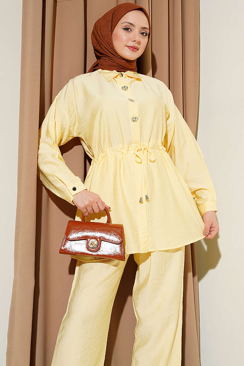 Stone-Embellished Tunic Set with Drawstring Waist - Yellow