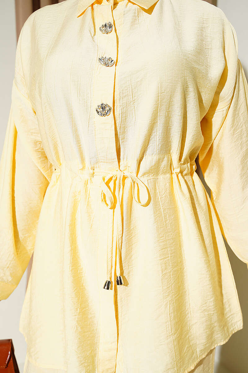 Stone-Embellished Tunic Set with Drawstring Waist - Yellow