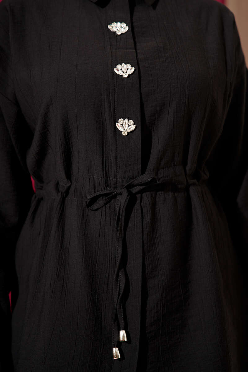 Stone-Embellished Tunic Set with Drawstring Waist - Black
