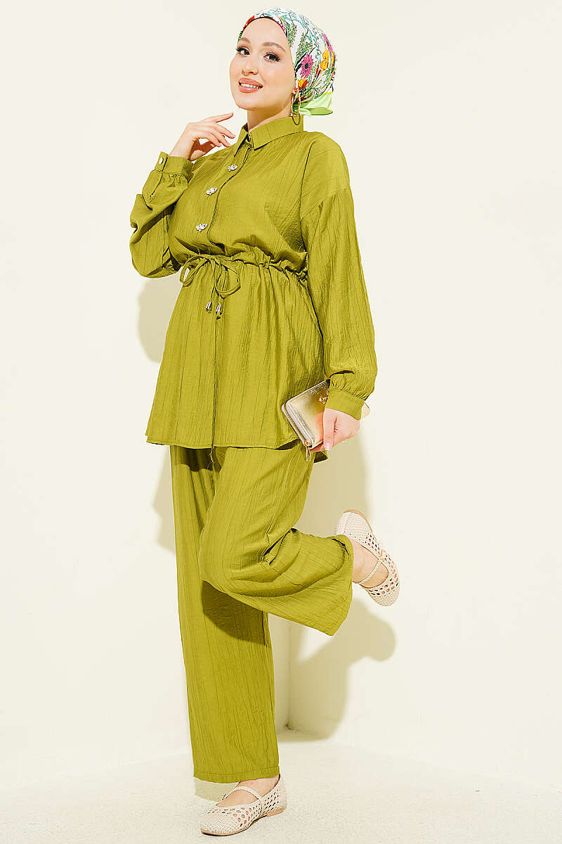Stone-Embellished Tunic Set with Drawstring Waist - Olive