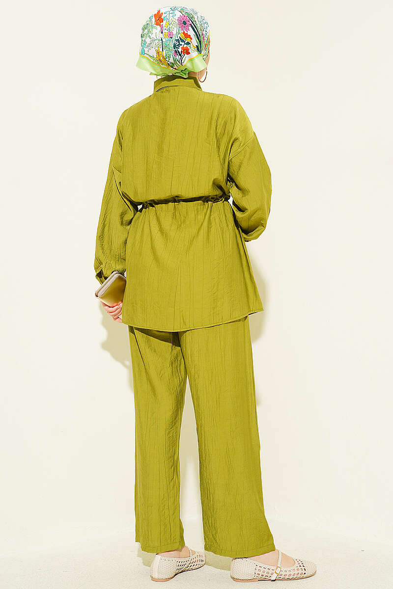 Stone-Embellished Tunic Set with Drawstring Waist - Olive
