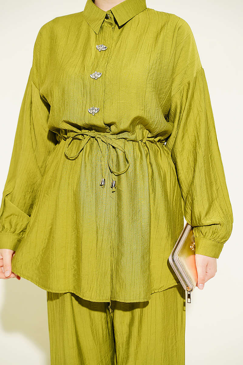 Stone-Embellished Tunic Set with Drawstring Waist - Olive