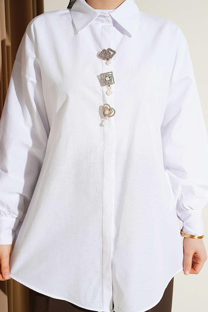 Concealed-Button Shirt with Stone Brooch - White