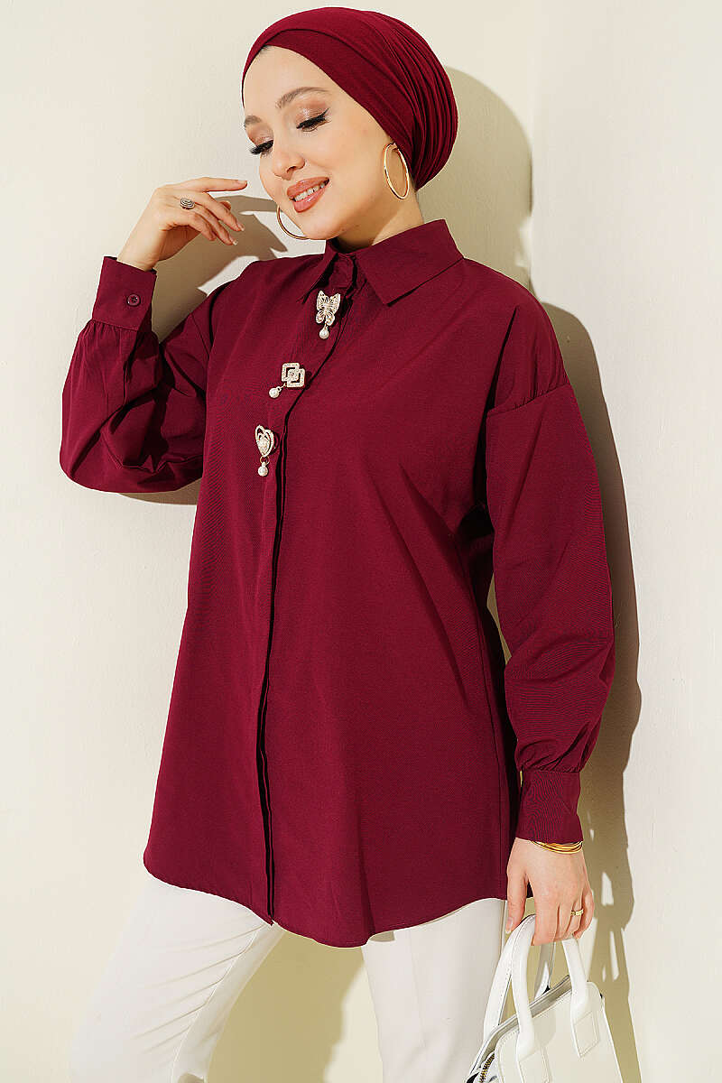 Concealed-Button Shirt with Stone Brooch - Burgundy