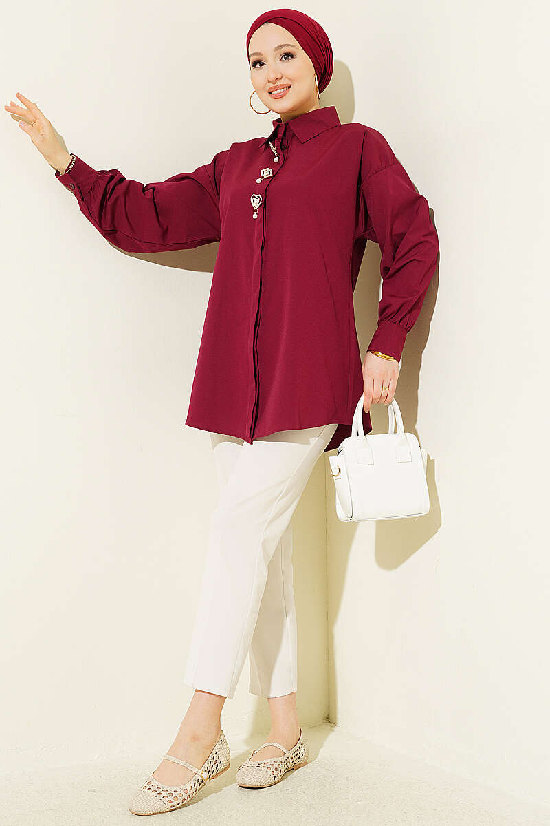 Concealed-Button Shirt with Stone Brooch - Burgundy