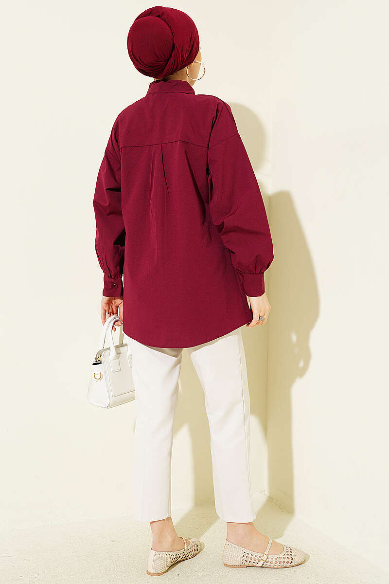 Concealed-Button Shirt with Stone Brooch - Burgundy