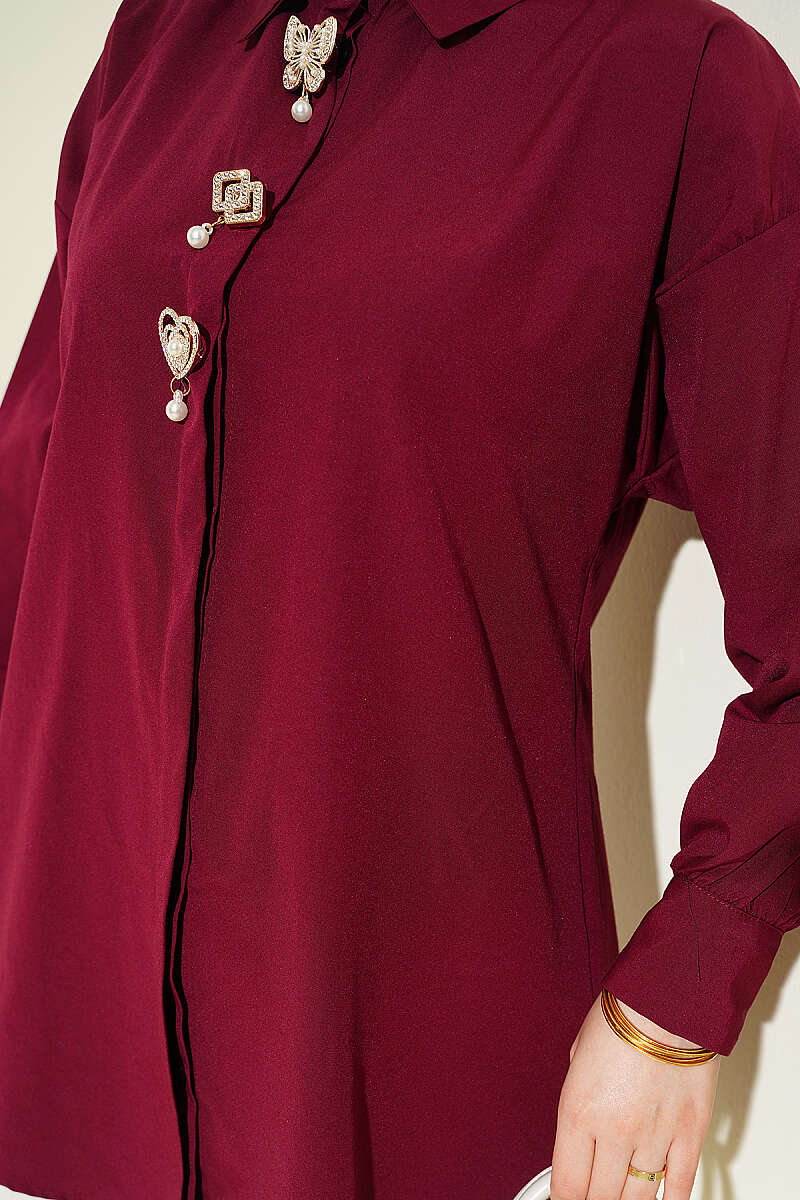 Concealed-Button Shirt with Stone Brooch - Burgundy