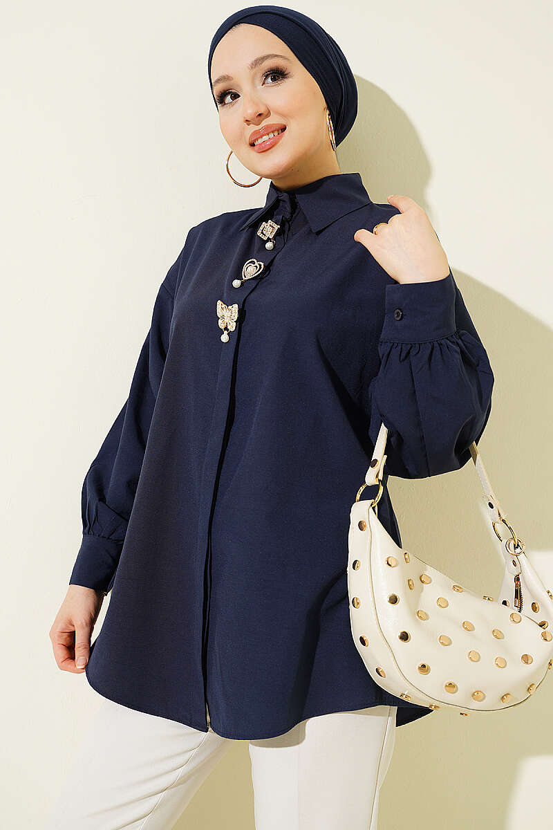 Concealed-Button Shirt with Stone Brooch - Navy