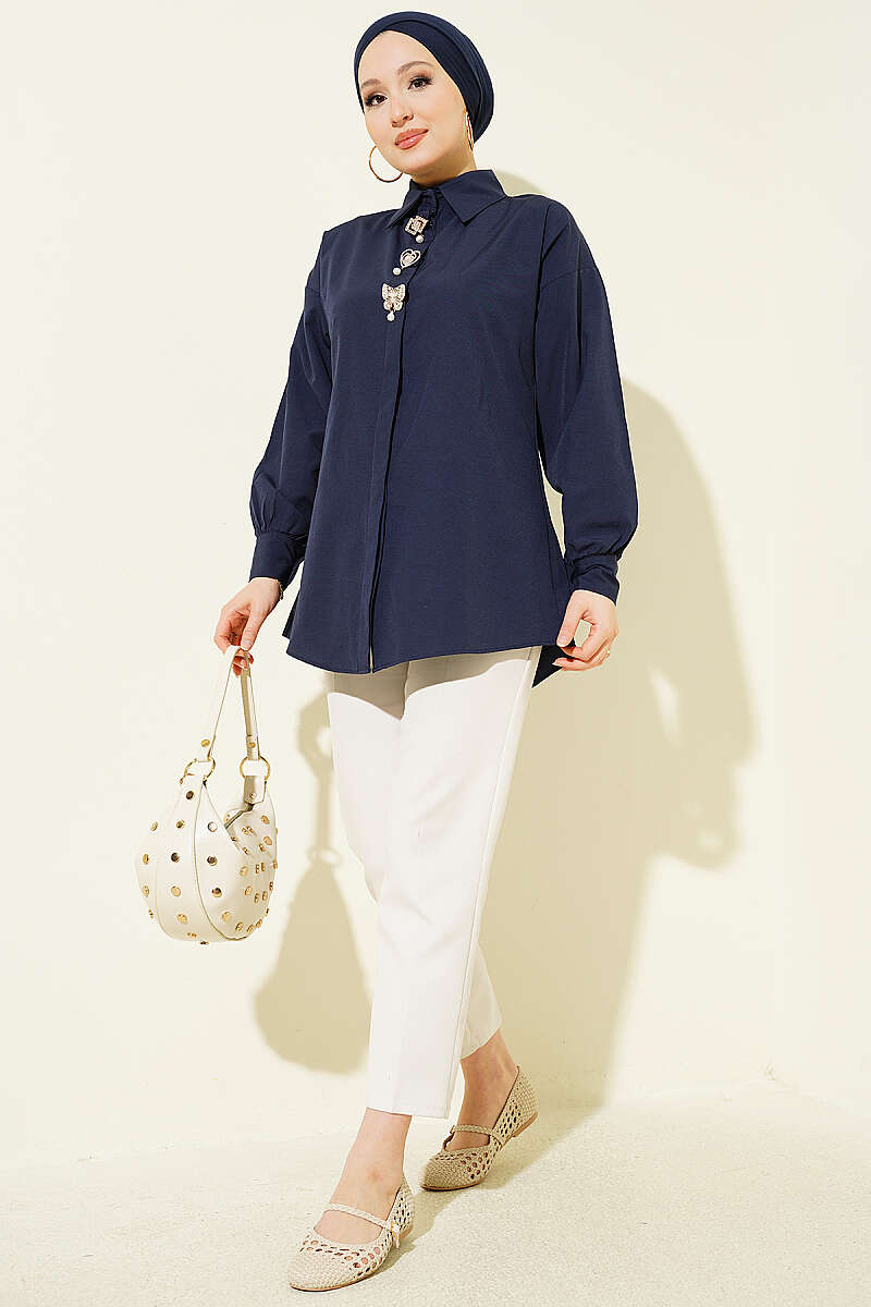 Concealed-Button Shirt with Stone Brooch - Navy