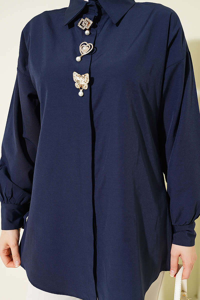 Concealed-Button Shirt with Stone Brooch - Navy