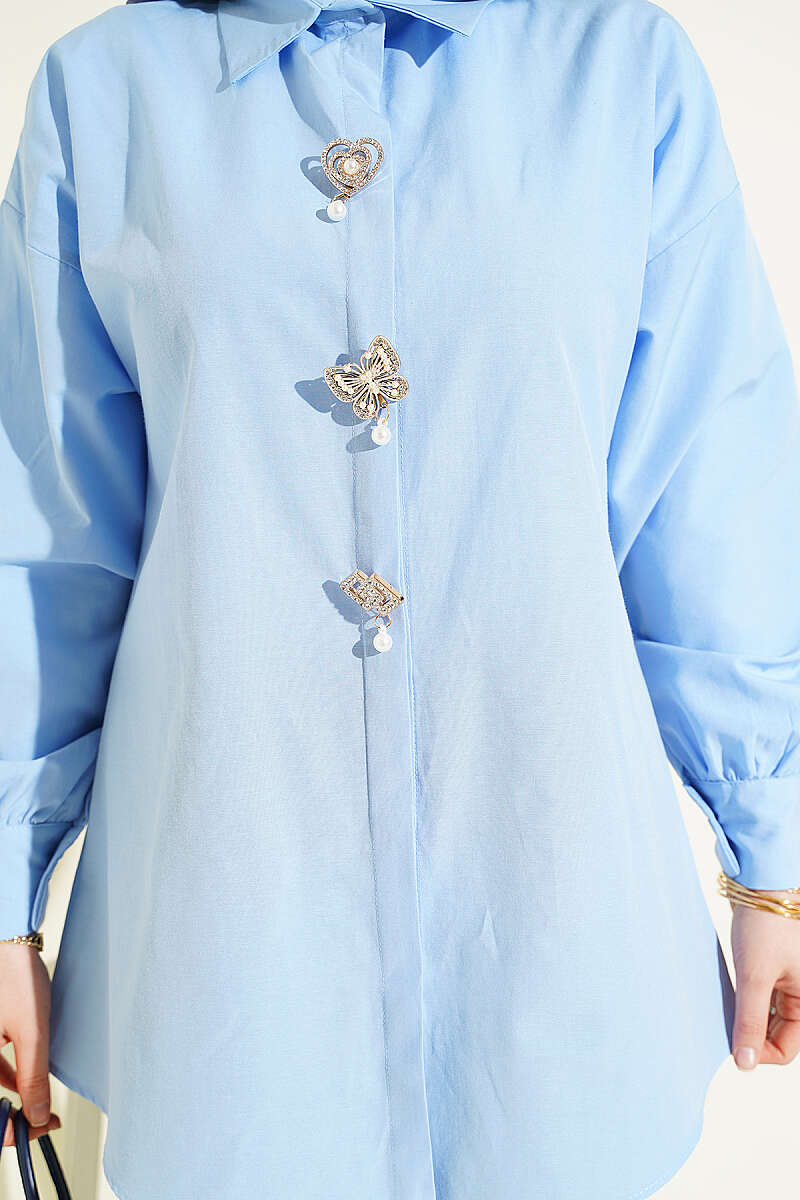 Concealed-Button Shirt with Stone Brooch - Blue